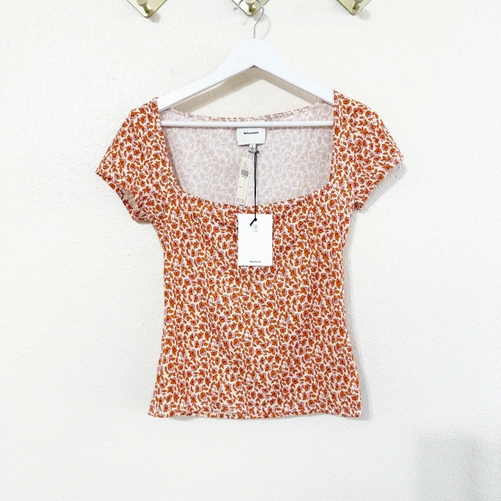 NWT Reformation Bardot Square Neck Knit Anthropologie Top in Mulberry Floral S - Picture 4 of 8